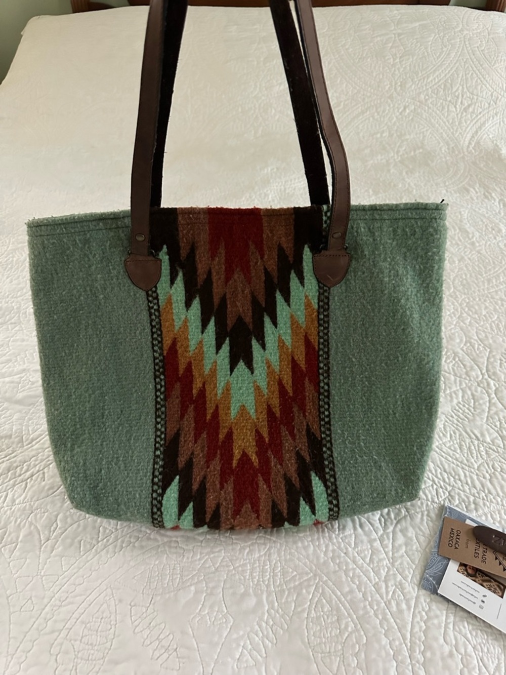 Wool Aztec Pattern Tote Bag in Sage Green with Brown Straps